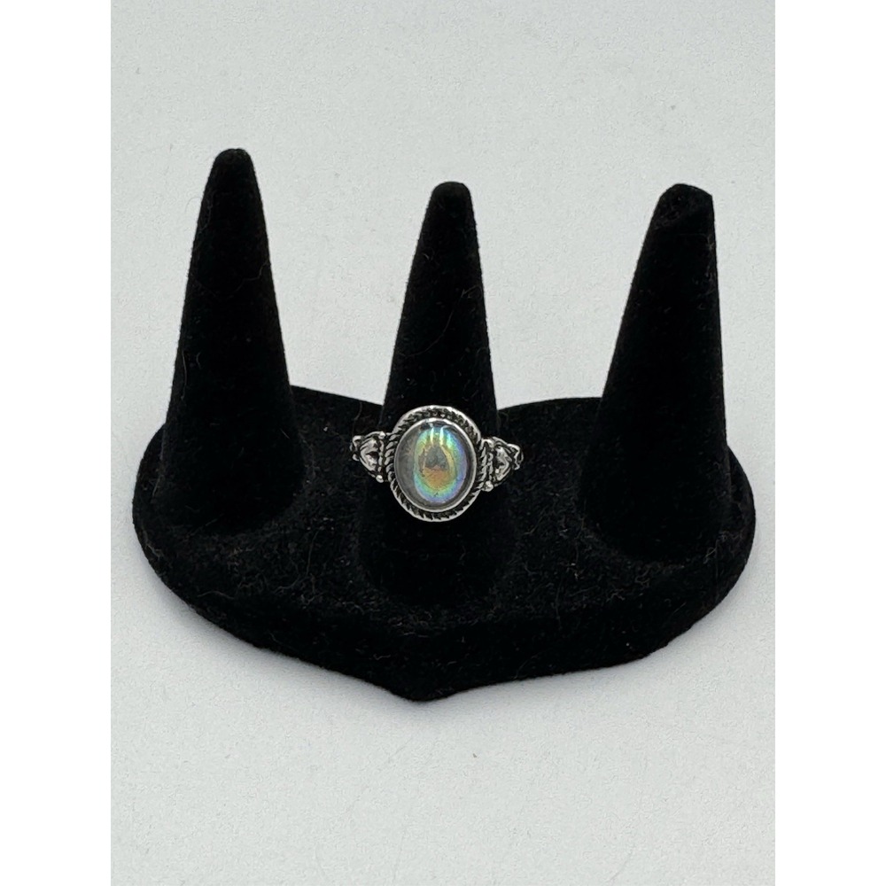 Silver Tone Oval Opal Look Cabochon Boho Vintage Style Ring